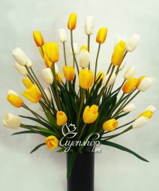 Hoa giả, Hoa lụa đẹp, Bình Hoa Tulip Trắng Vàng