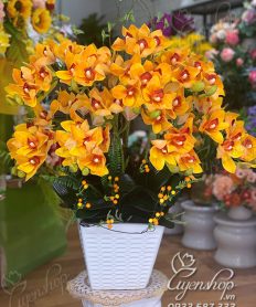 Hoa giả, Hoa lụa đẹp, Chậu Địa Lan Vàng