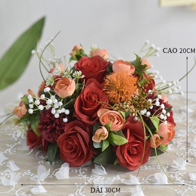 Lãng Hoa Bàn Họp Tone Đỏ Hoa giả, Hoa lụa đẹp, Lãng Hoa Bàn Họp Tone Đỏ