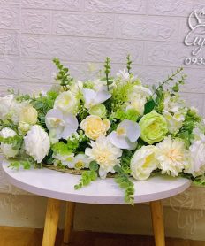 Hoa giả, Hoa lụa đẹp, Lãng Hoa Bàn Họp Tone Xanh Trắng