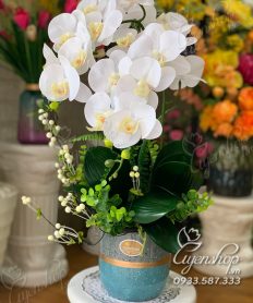 Hoa giả, Hoa lụa đẹp, Chậu Lan Trắng Nhỏ