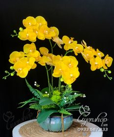 Hoa giả, Hoa lụa đẹp, Chậu Lan Hồ Điệp Vàng sang trọng