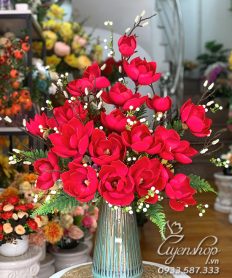 Hoa giả, Hoa lụa đẹp, Bình Hoa Mộc Lan Đỏ