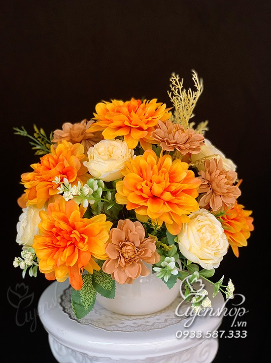 Zoom với Hoa Để Bàn Thược Dược Tone Cam