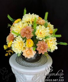 Hoa giả, Hoa lụa đẹp, Bình Hoa Để Bàn Thược Dược Tone Vàng