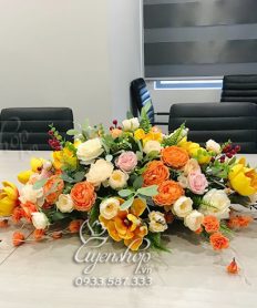 Hoa giả, Hoa lụa đẹp, Lãng Hoa Bàn Họp Tone Cam