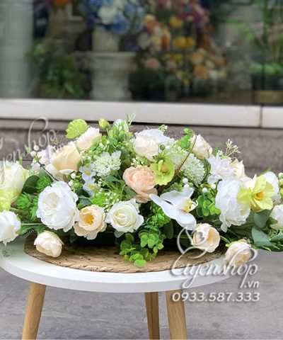 Hoa Để Bàn Tone Xanh Cốm Hoa giả, Hoa lụa đẹp, Hoa Để Bàn Tone Xanh Cốm