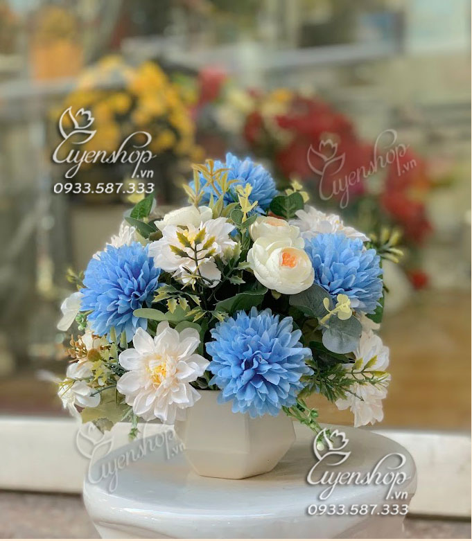 Zoom với LỌ HOA ĐỂ BÀN TONE XANH