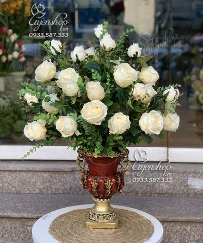 LƯ HOA HỒNG KEM Hoa giả, Hoa lụa đẹp, LƯ HOA HỒNG KEM