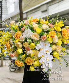 Hoa giả, Hoa lụa đẹp, LÃNG HOA TRANG TRÍ BỤC PHÁT BIỂU TONE VÀNG