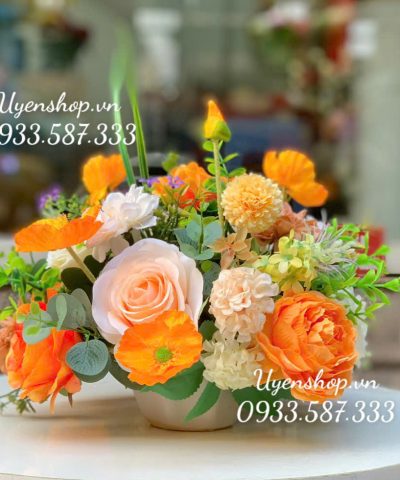 LỌ HOA ĐỂ BÀN TONE CAM Hoa giả, Hoa lụa đẹp, LỌ HOA ĐỂ BÀN TONE CAM