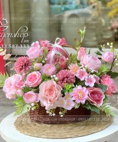 Hoa giả, Hoa lụa đẹp, GIỎ HOA LỤA TONE HỒNG