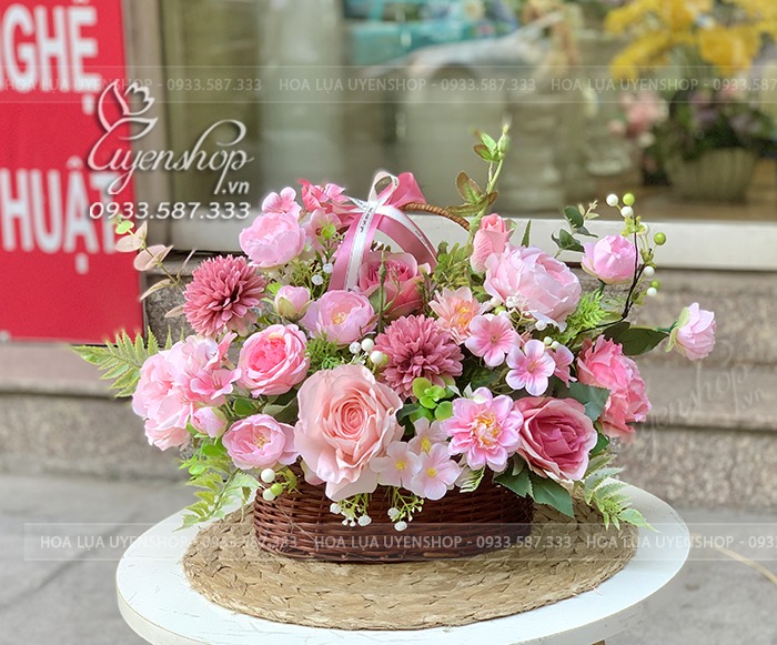 Zoom với GIỎ HOA LỤA TONE HỒNG