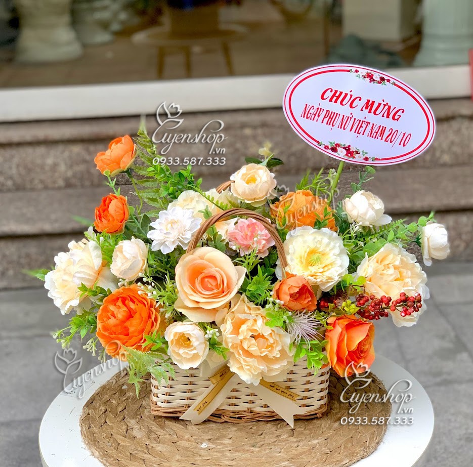 Zoom với GIỎ HOA LỤA NHỎ TONE VÀNG CAM