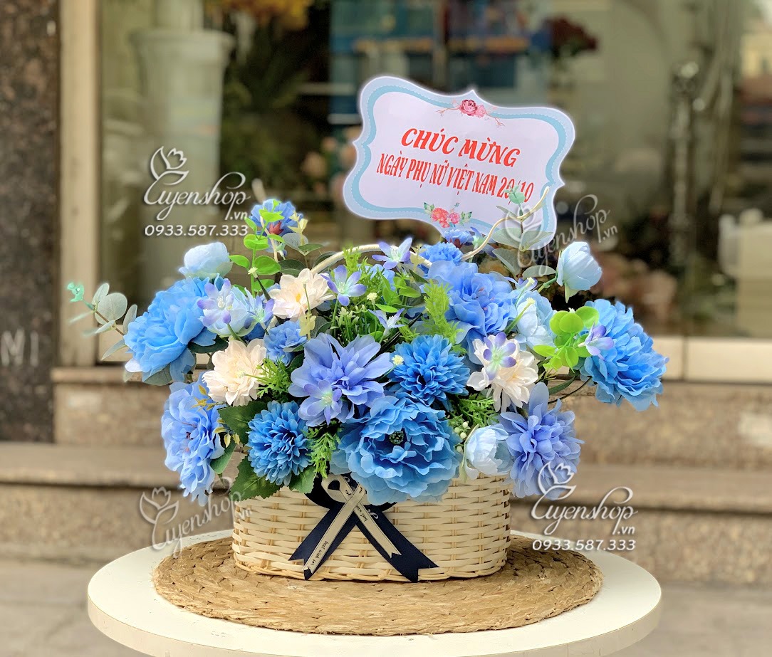 Zoom với GIỎ HOA LỤA NHỎ TONE XANH