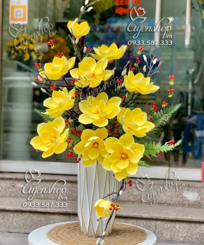 BÌNH HOA KIM CƯƠNG MỘC LAN VÀNG Hoa giả, Hoa lụa đẹp, BÌNH HOA KIM CƯƠNG MỘC LAN VÀNG