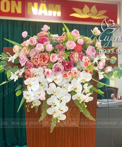Hoa Bục Phát Biểu Tone Hồng Hoa giả, Hoa lụa đẹp, Hoa Bục Phát Biểu Tone Hồng