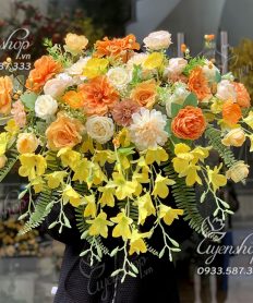 Hoa giả, Hoa lụa đẹp, HOA BỤC PHÁT BIỂU TONE VÀNG CAM