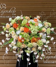 Hoa giả, Hoa lụa đẹp, LÃNG HOA BỤC PHÁT BIỂU TONE XANH CỐM