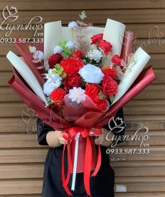 Hoa giả, Hoa lụa đẹp, BÓ HOA LỤA TONE ĐỎ