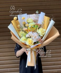 Hoa giả, Hoa lụa đẹp, BÓ HOA LỤA TONE VÀNG