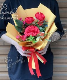 Hoa giả, Hoa lụa đẹp, BÓ HOA LỤA NHỎ TONE ĐỎ