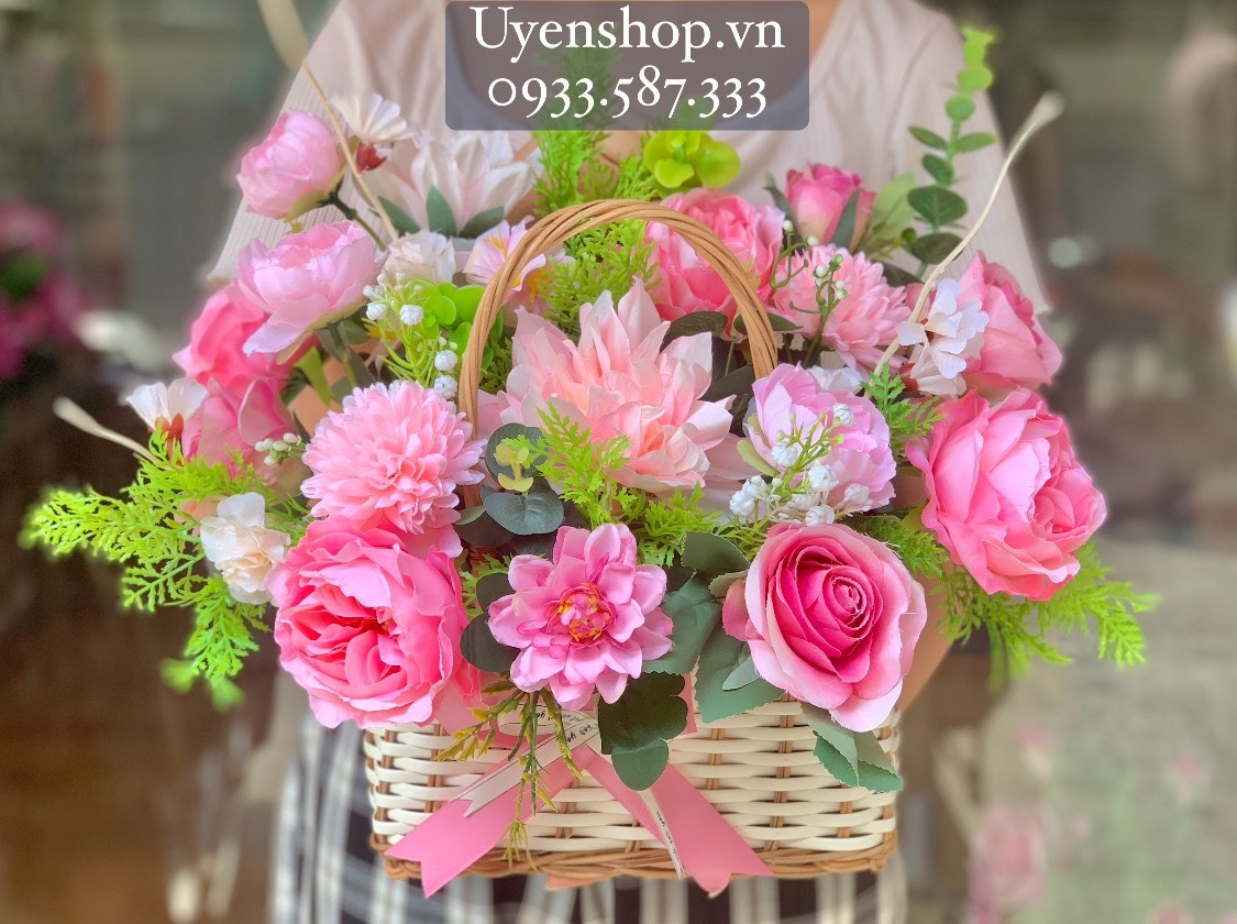 Zoom với GIỎ HOA LỤA NHỎ TONE HỒNG