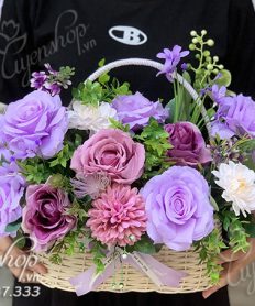 Hoa giả, Hoa lụa đẹp, GIỎ HOA LỤA TONE TÍM