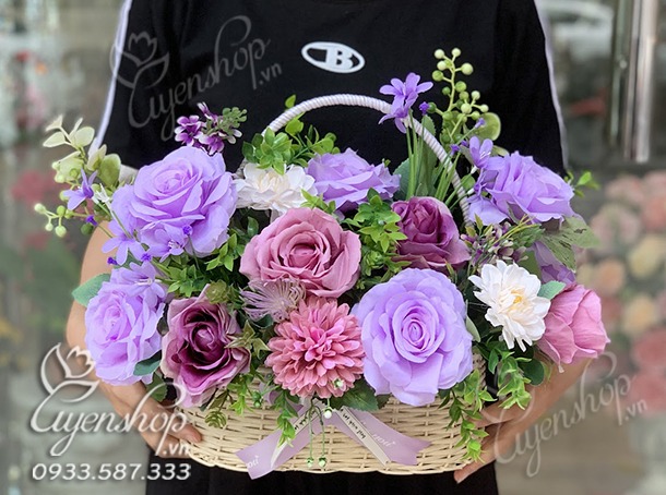 Zoom với GIỎ HOA LỤA TONE TÍM