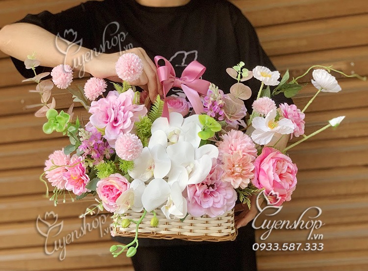 Zoom với GIỎ HOA LỤA TONE HỒNG