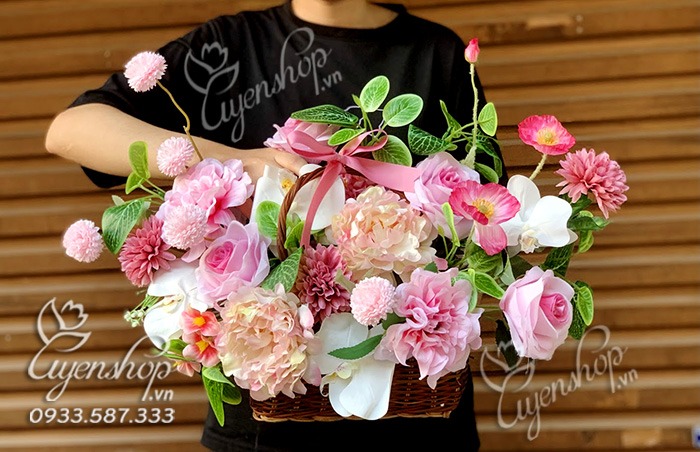 Zoom với GIỎ HOA LỤA TONE HỒNG NHỎ