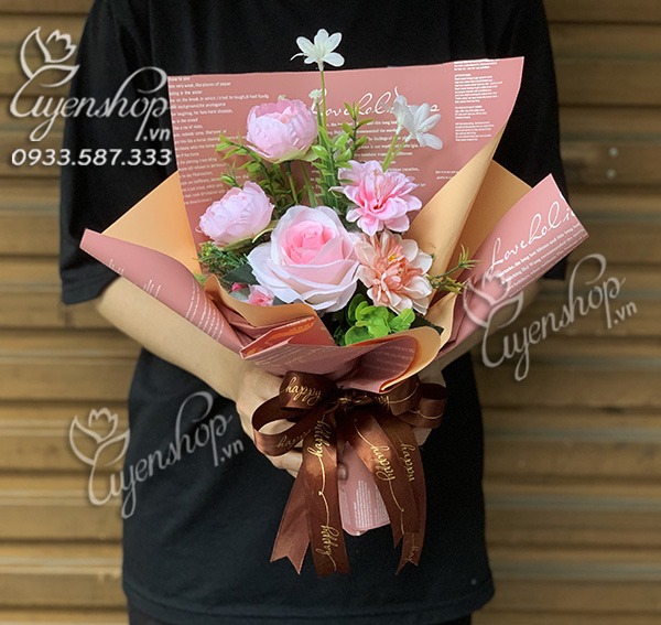 Zoom với BÓ HOA LỤA NHỎ TONE HỒNG