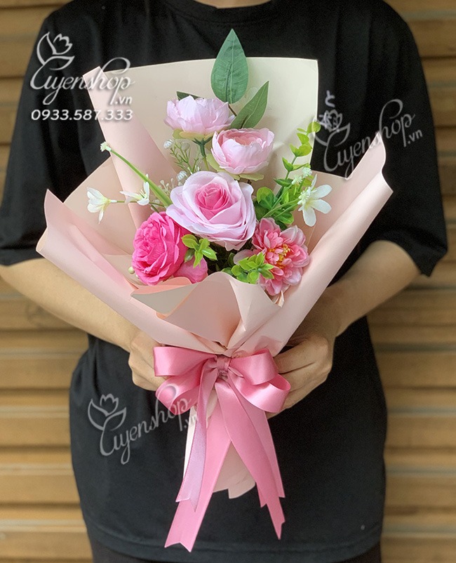 Zoom với BÓ HOA LỤA NHOT TONE HỒNG
