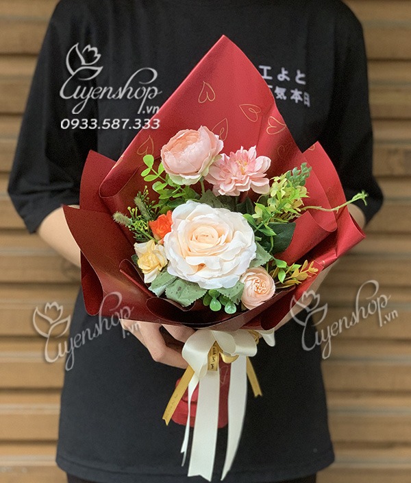 Zoom với BÓ HOA LỤA NHỎ TONE KEM