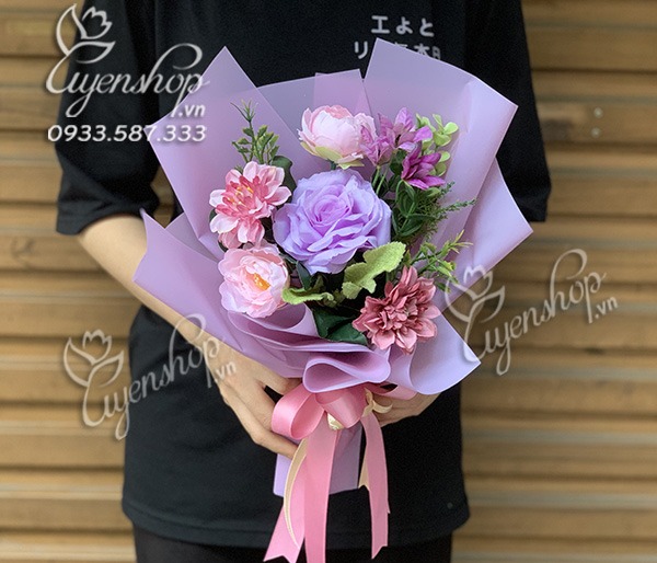 Zoom với BÓ HOA LỤA NHỎ TONE TÍM
