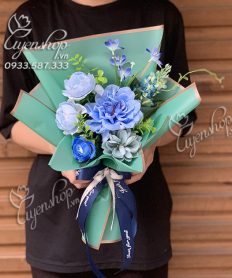 Hoa giả, Hoa lụa đẹp, BÓ HOA LỤA NHỎ TONE XANH