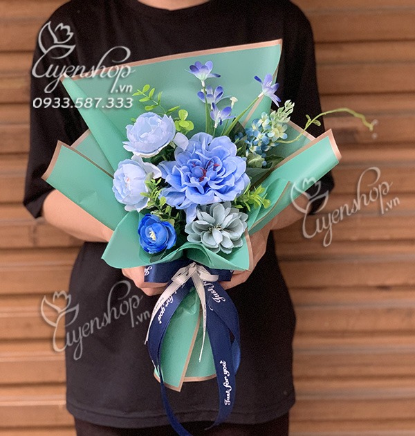 Zoom với BÓ HOA LỤA NHỎ TONE XANH