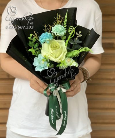 BÓ HOA LỤA NHỎ TONE XANH CỐM Hoa giả, Hoa lụa đẹp, BÓ HOA LỤA NHỎ TONE XANH CỐM