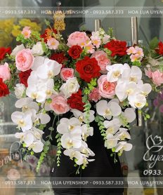 Hoa giả, Hoa lụa đẹp, LÃNG HOA BỤC PHÁT BIỂU TONE ĐỎ HỒNG