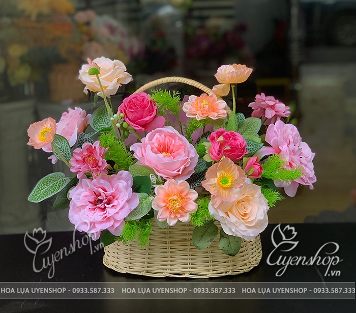 Zoom với GIỎ HOA LỤA TONE HỒNG