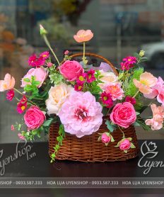 Hoa giả, Hoa lụa đẹp, GIỎ HOA LỤA TONE HỒNG
