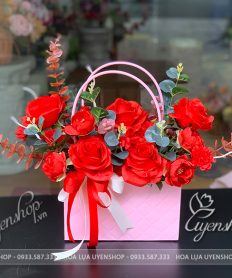 Hoa giả, Hoa lụa đẹp, GIỎ/ TÚI XÁCH HOA LỤA TONE ĐỎ