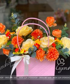 Hoa giả, Hoa lụa đẹp, TÚI HOA LỤA TONE VÀNG CAM