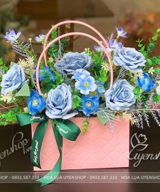 Hoa giả, Hoa lụa đẹp, TÚI HOA LỤA TONE XANH