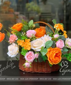 Hoa giả, Hoa lụa đẹp, GIỎ HOA LỤA TONE CAM