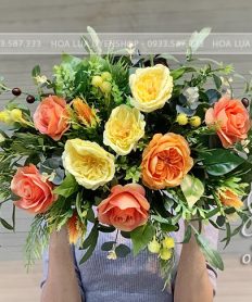 Hoa giả, Hoa lụa đẹp, HOA BỤC PHÁT BIỂU TONE VÀNG CAM