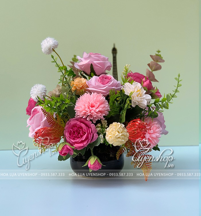 Zoom với HOA ĐỂ BÀN TONE HỒNG XINH