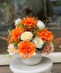 Hoa giả, Hoa lụa đẹp, LỌ HOA THƯỢC DƯỢC TONE CAM
