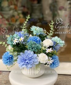Hoa giả, Hoa lụa đẹp, LỌ HOA ĐỂ BÀN TONE XANH