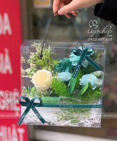 Hoa giả, Hoa lụa đẹp, HỘP HOA LỤA TONE XANH